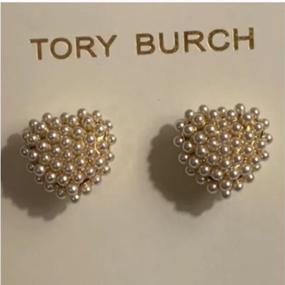 14K Tory Burch Pearl Heart Studs w Dustbag - Picture 5 of 7